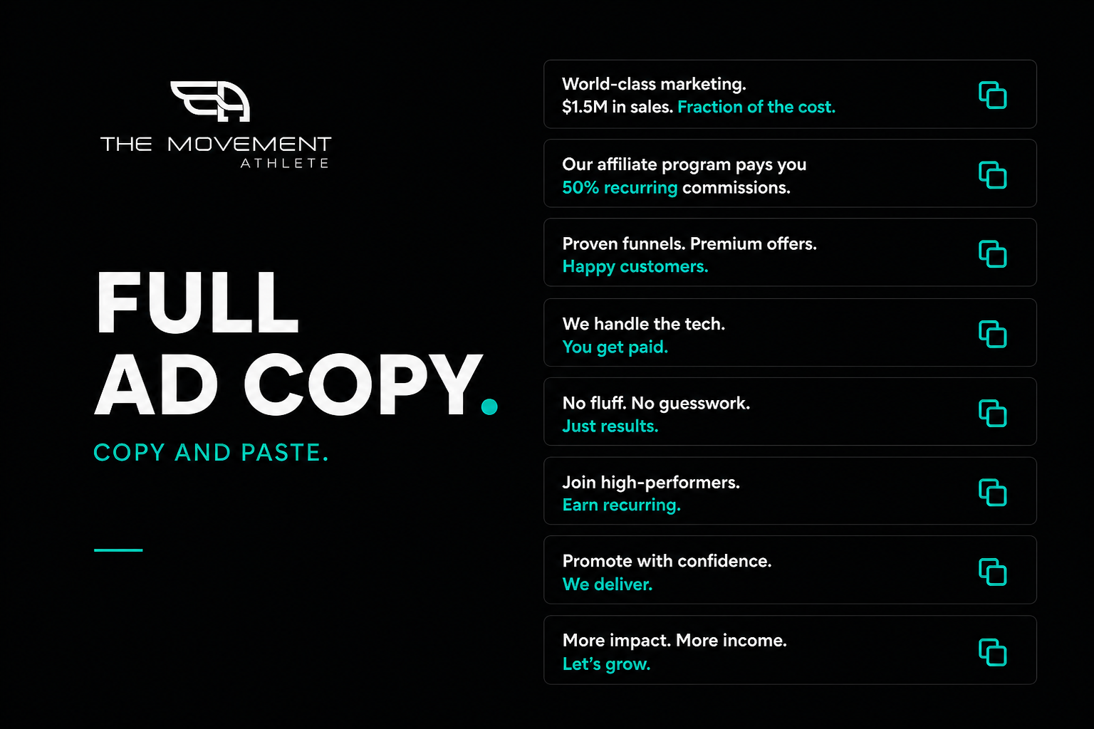 Finished ad captions with a copy control
